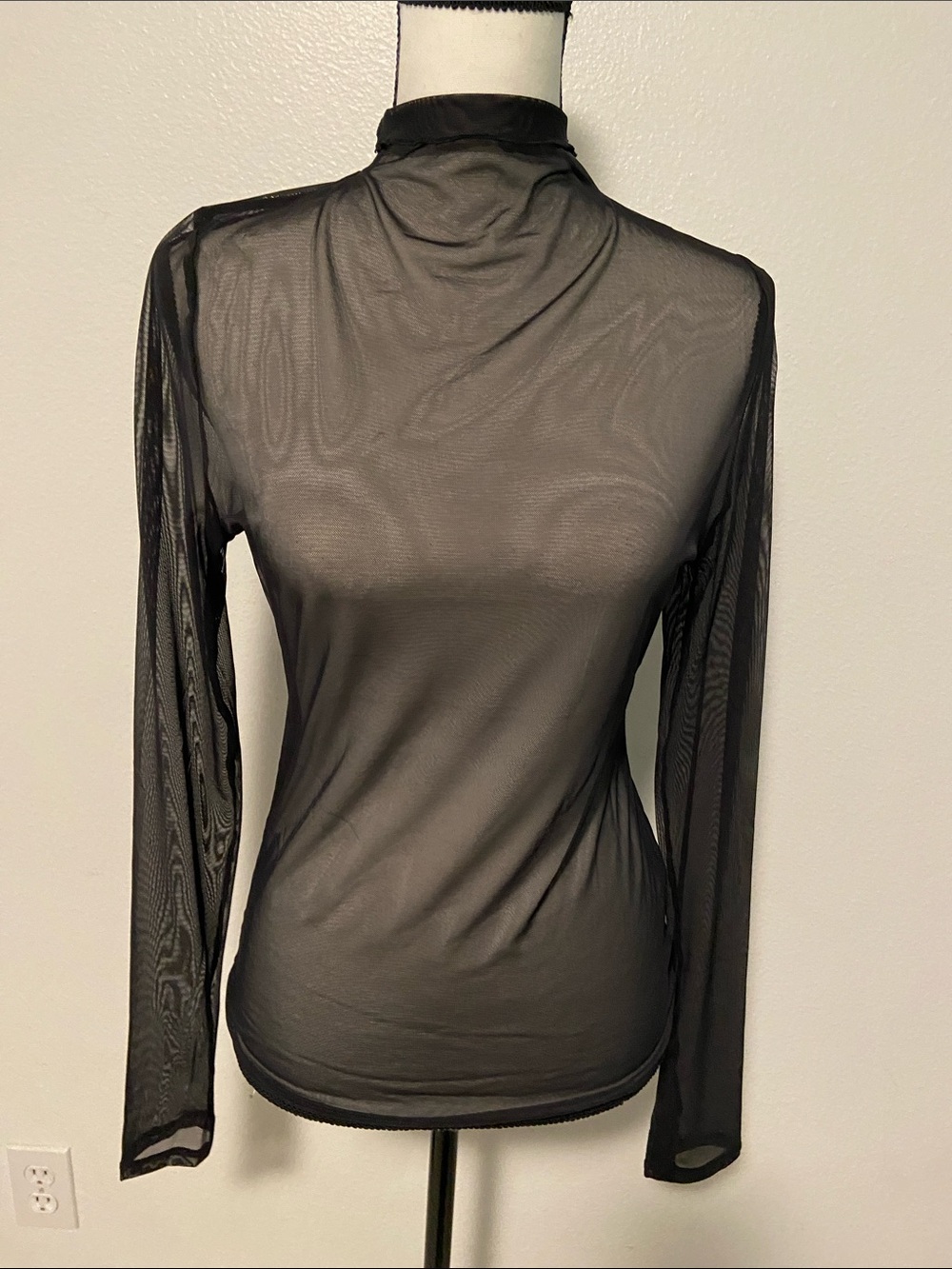 Black Sheer Mock-Neck Long Sleeve Mesh Top